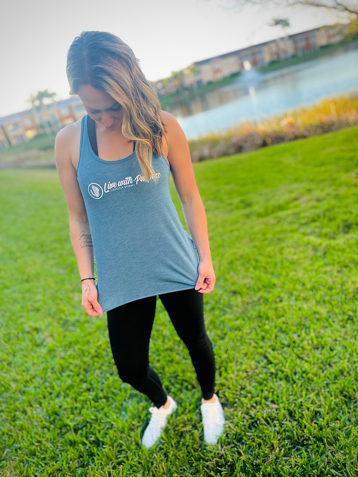 WOMEN’S HEATHER DEEP TEAL FLOWY RACERBACK TANK